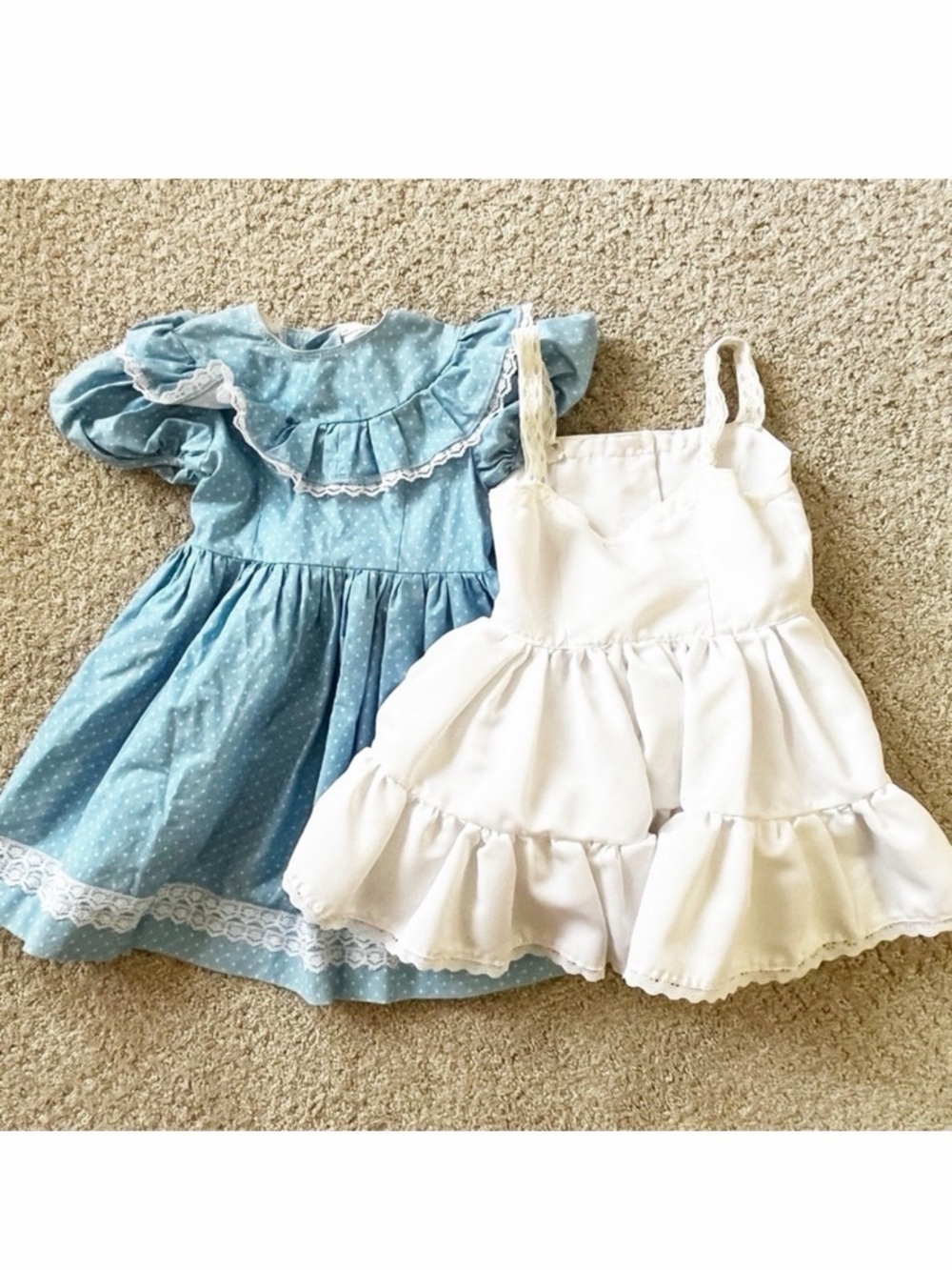 Vintage Handmade Girls Dusty Blue Prairie Ruffle Dress Sz 6? Lace White Slip
